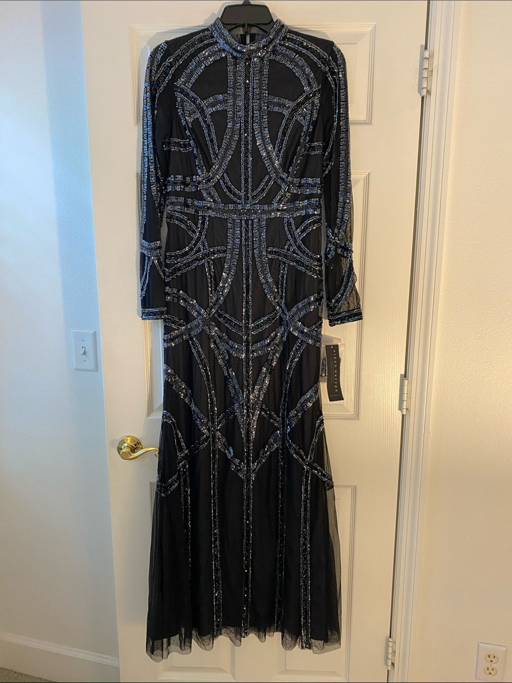 Aidan Mattox Black & Blue Sequin Long Sleeve Evening Dress Size 8 NWT